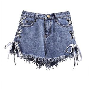 high-waisted blue jean shorts